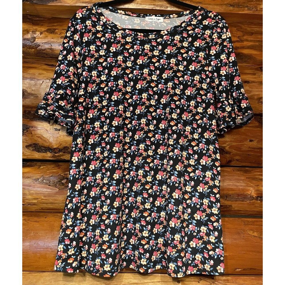 Cream N Sugar Black Floral Blouse With Ruffled‎ Sleeves Size Small-EUC
